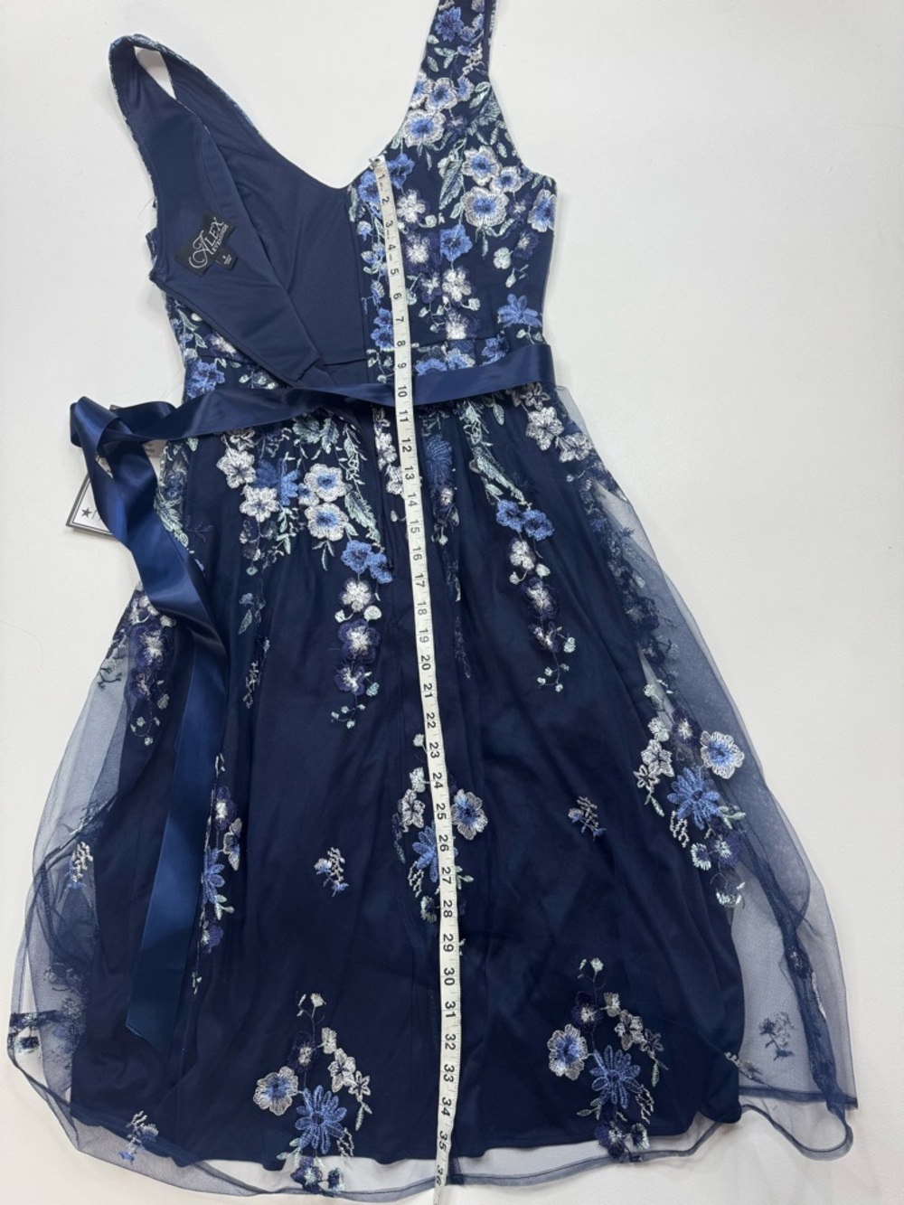 Alex Evenings Navy Blue Floral Midi Dress with Satin Ribbon - Picture 10 of 14